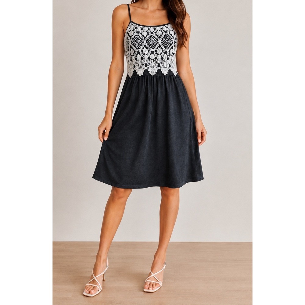 Vintage‎ Y2K Womens Charcoal Gray White Crochet Lace Cami Sundress Dress Size M